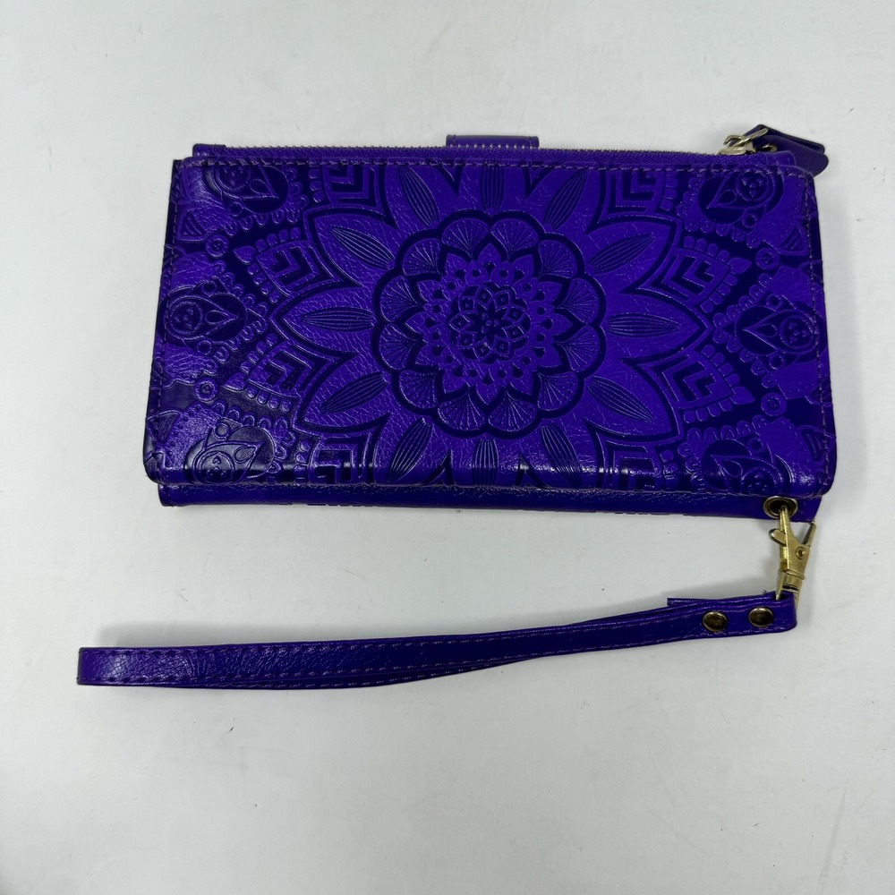 Glossy Synthetic Leather Wallet Wristlet Purple Embossing Sunflower Magnetic Zip - Picture 5 of 5